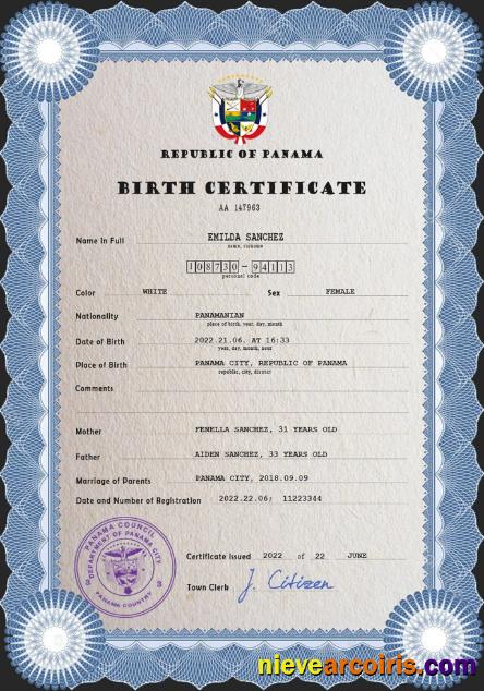 Panama vital record birth certificate